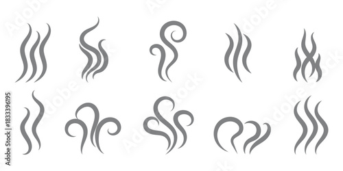 Smoke steam icon vector logo set. Smoke smell, steam aroma heat icon illustration. Hot vapor fire doodle line logo. Hit stink, coffee, fragrance flame elements. Smoke steam icon set. EPS 10. 