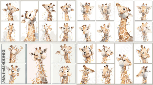 Adorable giraffe illustrations with playful expressions in soft watercolor style. Perfect for nursery art, children’s decor, cute animal design, character sets, and whimsical illustration projects.