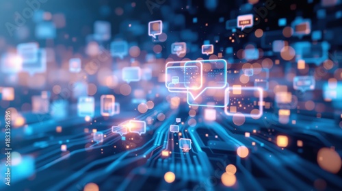 AI chatbot conversation bubbles forming digital pathways
