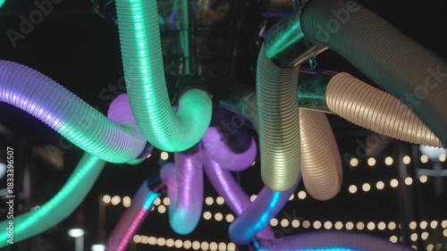 This video shows a sci-fi octopus with light up tube tentacles against a dark night sky.