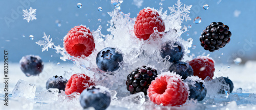 Fresh berries splashing in icy water with snowflakes in background  