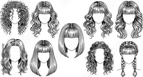 Beautiful Collection of Diverse Female Hair Styles, Hand-Drawn Black and White Illustrations: Curly, Wavy, Straight, Bob, Braids, and Bangs for Beauty and Fashion Design