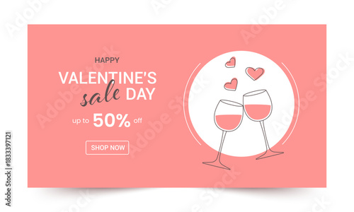 Valentines Day Sale Banner with wine glasses, hearts and Discount Card on Pink Background. Promotion and shopping template for love day concept. Vector illustration.