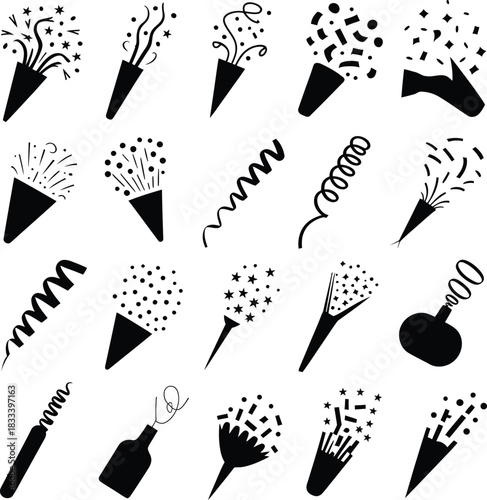 Hand drawn party poppers and confetti illustrations