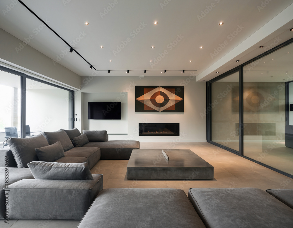 Naklejka premium Serene living space A modern interior featuring a plush sectional sofa, sleek fireplace, abstract art. Ideal for architecture, design, lifestyle concepts.