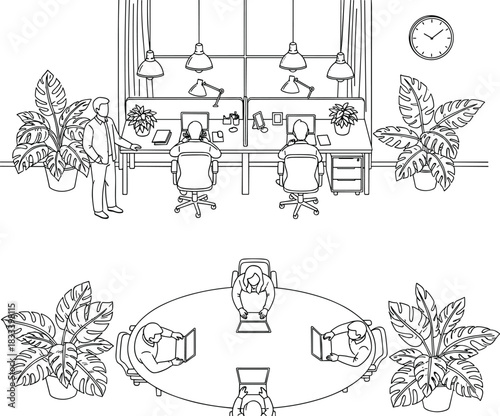 Line Art Illustration of Modern Coworking Office Space with Employees Working at Desks and Collaborating in a Green Meeting Room