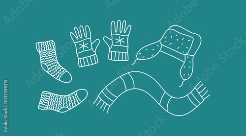 A set of line icons for warm winter clothing. Hand-drawn, sketched, and doodled. Hat, scarf, knitted socks, and gloves. Illustrations on separate backgrounds.