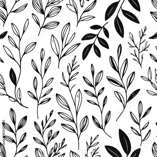 Clean black line art botanical background with refined minimal leaf shapes and subtle imperfect hand-drawn touches, elegant whitespace, white background, vector-ready 1