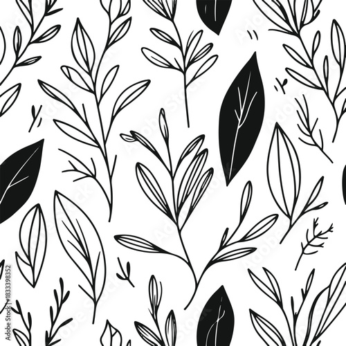 Clean black line art botanical background with refined minimal leaf shapes and subtle imperfect hand-drawn touches, elegant whitespace, white background, vector-ready 3
