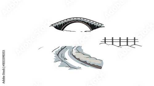 A scenic bridge and road illustration with a fence.