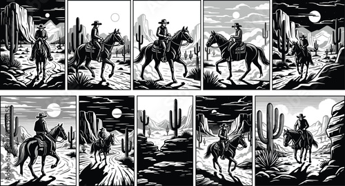 Monochrome Collection of Cowboy Rider Illustrations in Wild West Desert Landscape with Cacti, Mountains, and Dramatic Sky Vector Set.