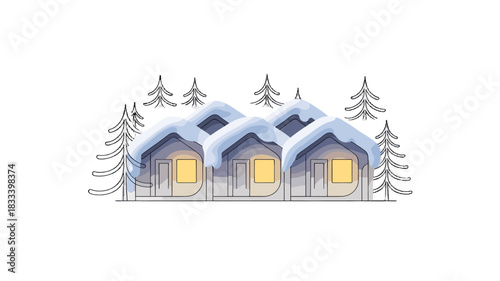 Cozy houses covered in snow, creating a serene winter scene.
