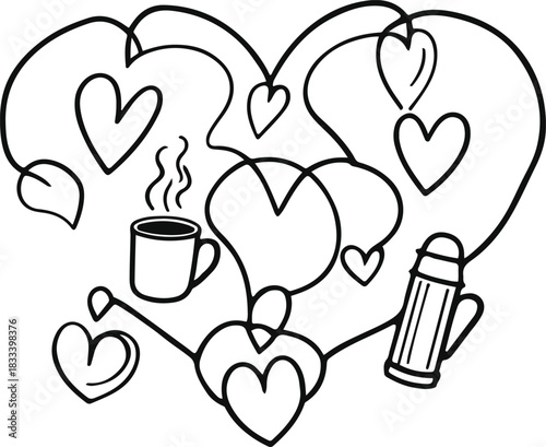 Cute line art pairing heart shapes with cozy items (coffee cup, thermos, sweater outline), celebrating friendship & self-love in February, white background 1