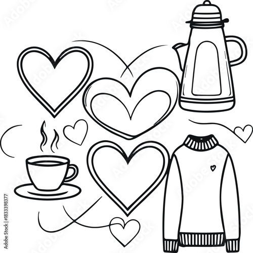 Cute line art pairing heart shapes with cozy items (coffee cup, thermos, sweater outline), celebrating friendship & self-love in February, white background 2