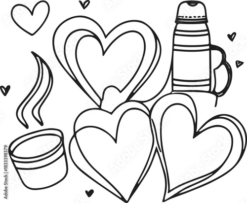 Cute line art pairing heart shapes with cozy items (coffee cup, thermos, sweater outline), celebrating friendship & self-love in February, white background