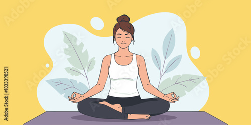 Calm Woman Meditating in Lotus Pose Illustration.