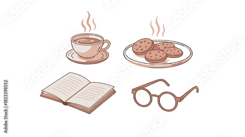 A Cozy Moment: Coffee, Cookies, Book, and Eyeglasses.