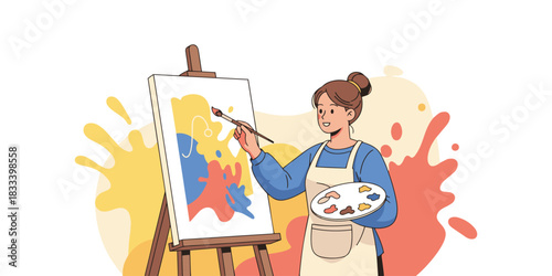Female Artist Painting Abstract Art Illustration.