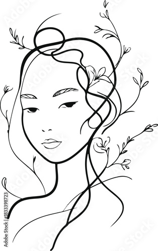 Minimal single continuous line female portrait combined with delicate organic floral lines, slight imperfect strokes, white background, stylish mood