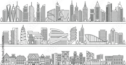 Seamless Line Art Cityscape Set of Modern Skyscrapers, Office Towers, and Residential District Buildings for Urban Architectural Backgrounds