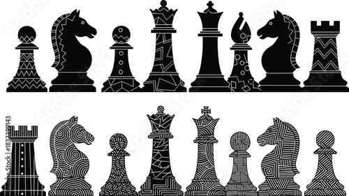 Vector Chess Pieces Set: Black Silhouettes and Stylized Textured Graphics of King, Queen, Bishop, Knight, Rook, and Pawn Elements