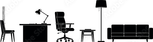 Set of black silhouette furniture including office desk chair lamp sofa and home decor elements in minimalist vector design