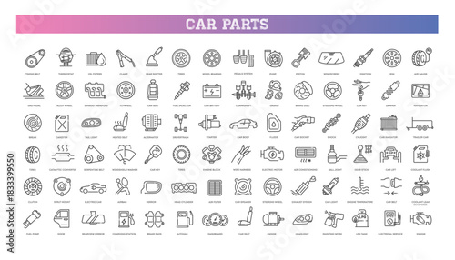 Car Parts Line Icon Set. Auto Repair and Vehicle Components