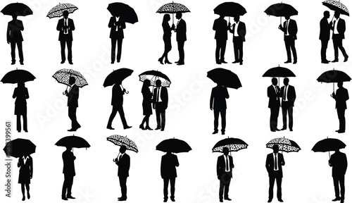 Vector Silhouette Collection of Business People, Men and Women, Standing and Walking with Umbrellas in Various Rain and Weather Scenes
