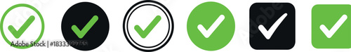 Set of green and black check mark icons in circular and square shapes for approval and confirmation vector design