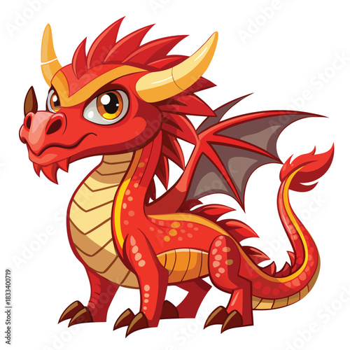 Cute cartoon red dragon with golden horns and wings