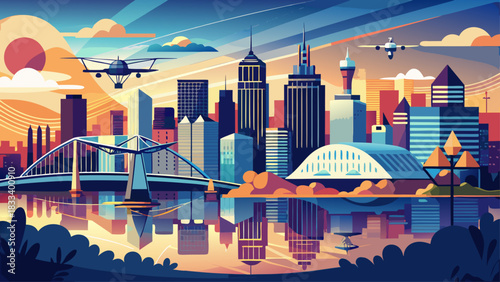 Very beautiful drone panorama of the Memphis, Tennessee skyline, showcasing clean silhouettes, reflective riverfront light, and a balanced composition designed for stock-ready urban artwork.