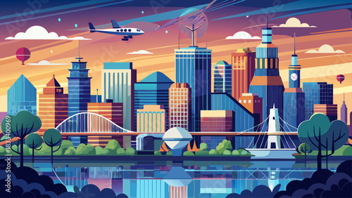 Very beautiful drone panorama of the Memphis, Tennessee skyline, showcasing clean silhouettes, reflective riverfront light, and a balanced composition designed for stock-ready urban artwork.