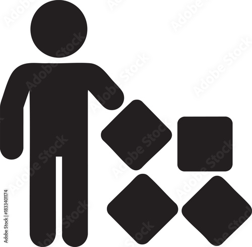 Black and white icon of person arranging square blocks, symbol of construction, organization, teamwork, planning and creative building