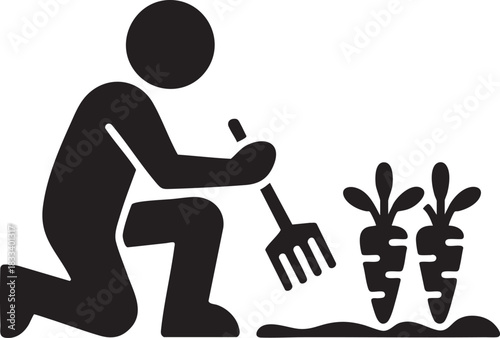 Black and white gardening icon of a person harvesting carrots with a hand rake, agriculture, vegetable farming and cultivation symbol