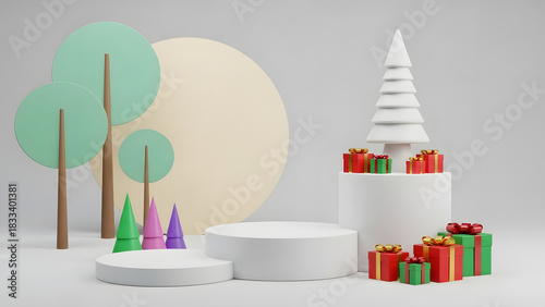 Wallpaper Mural Christmas product display podium with geometric winter trees abstract background and presents for holiday sale mockup 3d render Torontodigital.ca