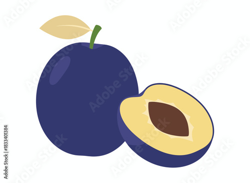 Plum, sliced in half and whole, shows a fruit cross‑section with seed, pit, and fresh ripe flesh; a healthy, vitamin‑rich food for natural eating, depicted as a flat vector illustration on a white