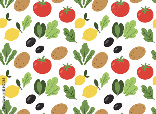 A seamless pattern of food ingredients featuring a vegetable Greek salad with lettuce, olives, feta cheese, tomato, and lemon, rendered as a repeating print in a colored flat graphic vector