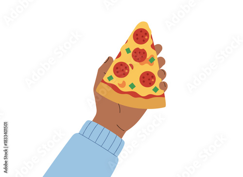 Holding a triangular slice of pizza, an Italian fast‑food snack with salami, pepperoni, feta cheese, and olives, depicted as a flat vector illustration on a white background