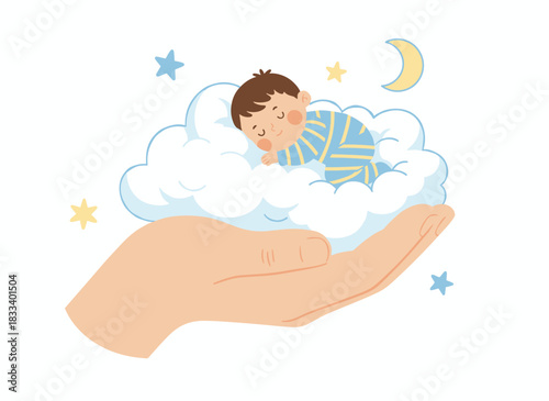 A mother lovingly holds her tiny daughter in her hand, embodying parental love, care, and protection; the adorable child is supported and nurtured in her palm, depicted as a flat vector illustration