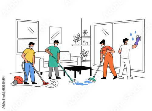 A professional cleaning service employs a team of cleaners and janitors to tidy houses, with staff using equipment, appliances, and detergents during apartment cleanups, depicted as a flat vector