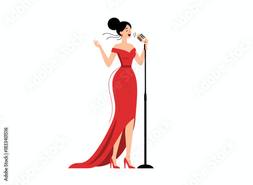 An elegant female vocalist stands at the mic, singing a jazz solo in a dress, depicted as a flat vector illustration on a white background
