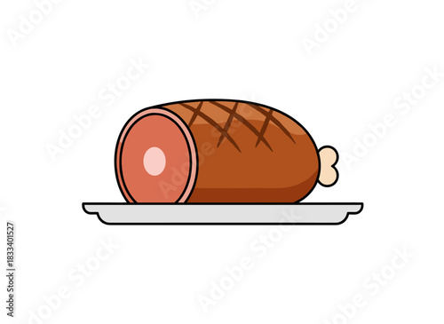 Red meat and ham on the board, bone‑in pork cuts, fatty protein‑rich food, roasted and baked beef, butchery dishes, smoked and grilled festive gourmet meals, all depicted in a flat vector