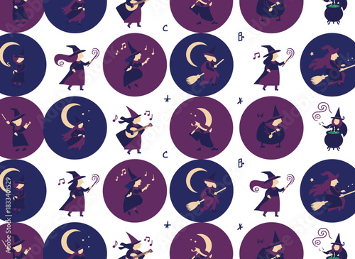 A whimsical seamless pattern featuring a girl in a witch hat holding a magic wand, potion, or stick; a wizard child on a magical broomstick; and a flat vector illustration of a cute child conjuring