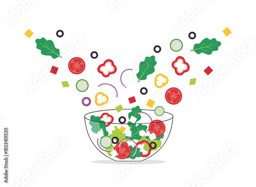 A vivid illustration of a Greek salad with tomatoes, cucumbers, olives, feta cheese, onions, bell pepper pieces and slices, and lettuce leaves tossed from a glass bowl, rendered realistically