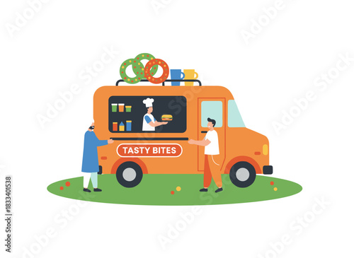 A food truck serves as an outdoor mobile café where customers sip coffee beside the street van, while a man and woman converse at the wheeled bakery and coffee shop caravan, depicted in a flat vector