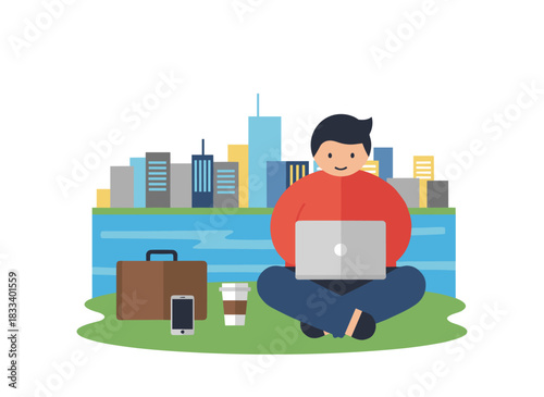 A scientist collects a water sample in a glass while an ecologist at the city river examines it for pollution, quality, and purity, depicted in a flat vector illustration on a white background