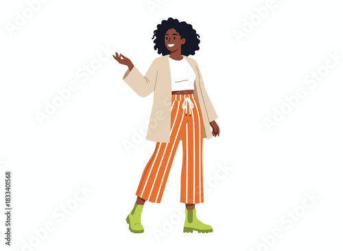 Smiling black woman waves hello, African girl in fashionable summer attire, young woman in trendy casual clothing, all depicted in a flat vector illustration on a white background