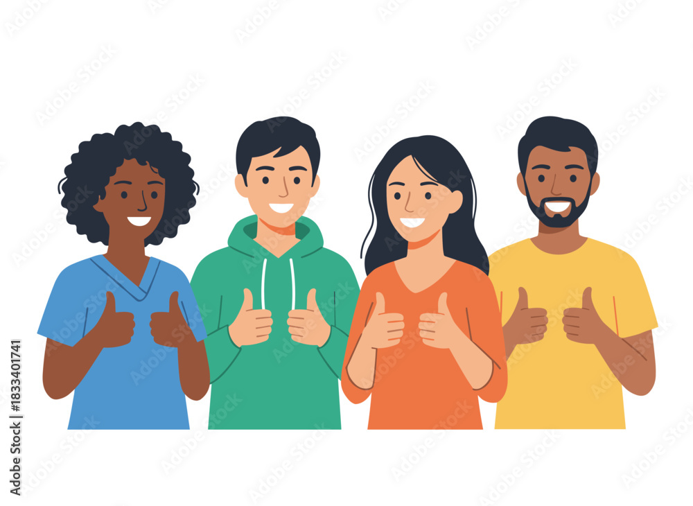 Fototapeta premium Joyful people pointing at you; an enthusiastic group with a smiling man and women gesture with their fingers, selecting and choosing in an inviting manner; a flat vector illustration set against a