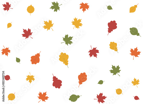 A seamless pattern featuring naturally fallen autumn leaves from forest trees on a white background, rendered in bright, flat-style botanical vector illustration suitable for wrapping paper