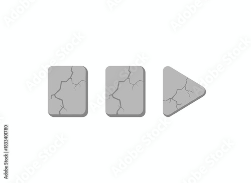 Stone button design for a game, metal plates with a plaque arrow for play and pause, iron panels for GUI navigation and UI elements, a flat cartoon vector illustration isolated on a white background